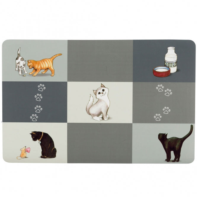 Rutschfeste Trixie Napfunterlage mit buntem Patchwork-Motiv und Katzen-Illustrationen in den Maßen 44 x 28 cm.
