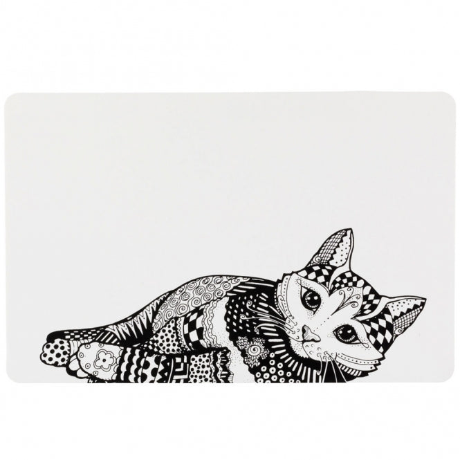Rutschfeste Trixie Napfunterlage mit grau-weißem Mandala-Motiv und Katzen-Silhouette in den Maßen 44 x 28 cm.