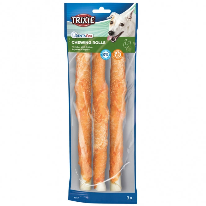 Drei große 28 cm lange Trixie Denta Fun Chicken Chewing Rolls Kaurollen aus Rinderhaut mit Hühnerfleisch-Ummantelung.
