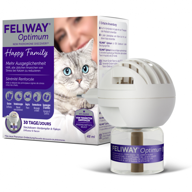 Feliway Optimum Start-Set Verpackung mit dem elektrischen Steckdosen-Verdampfer und der 48ml Flasche mit fortschrittlichem Pheromon-Komplex für Katzen