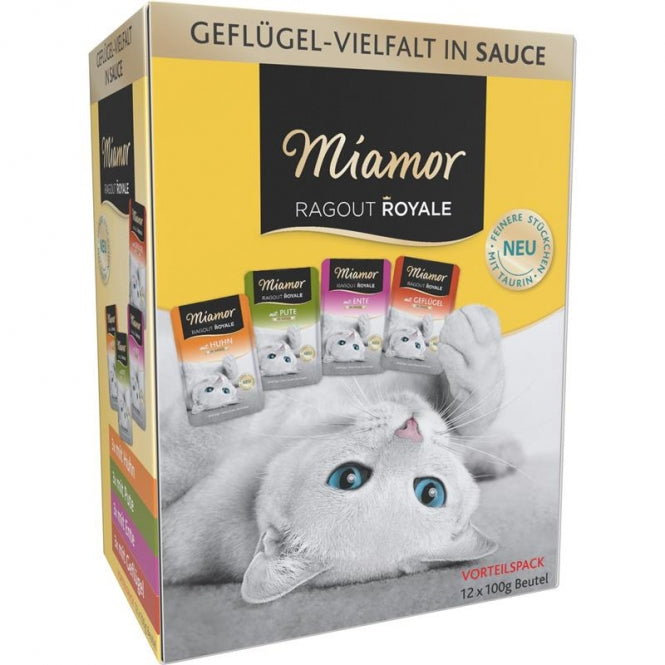 Miamor Ragout Royale Geflügelvielfalt in Sauce im großen 4er-Vorratsbundle (4 Multiboxen mit je 12 Frischebeuteln à 100g).