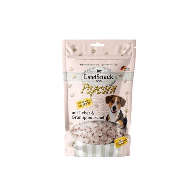 LandSnack Popcorn für Hunde mit Leber und Grünlippmuschel in der 100g-Tüte.