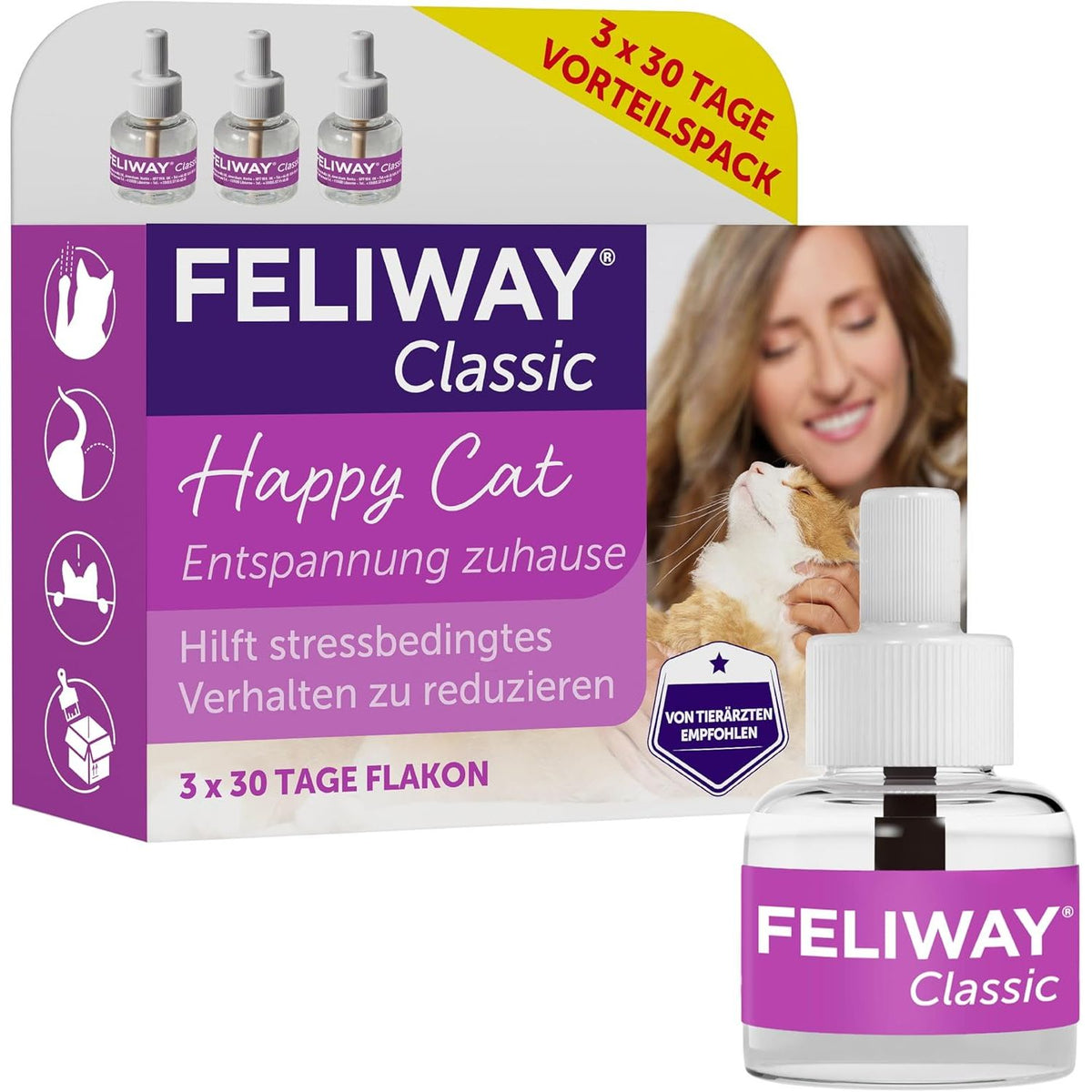 Feliway Classic 3er-Vorteilspackung mit drei 48ml Nachfüllflakons für den Pheromon-Steckdosen-Verdampfer