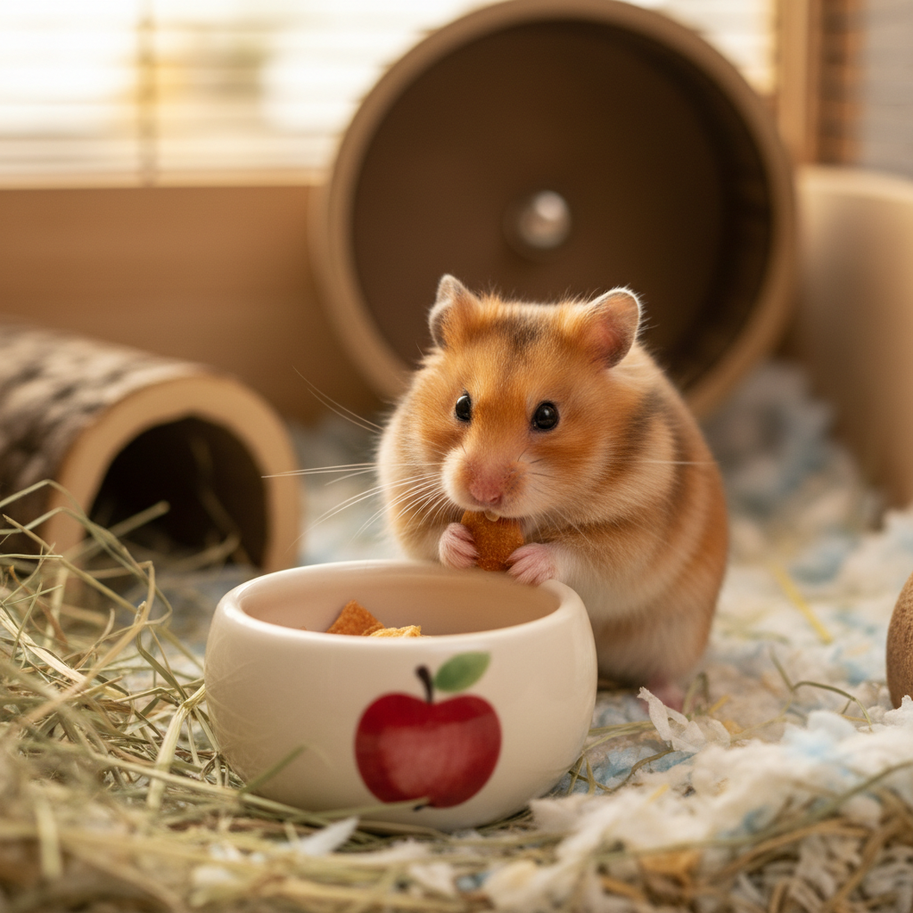 Hamster frisst aus Keramiknapf mit Apfelmotiv