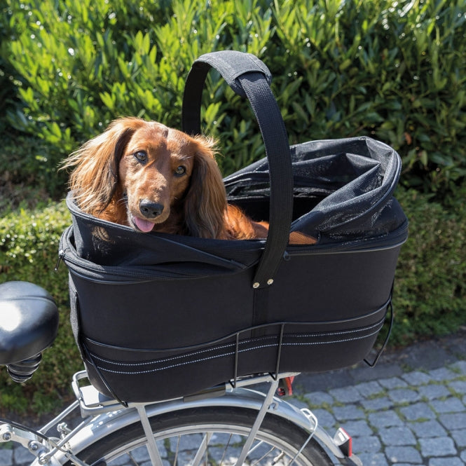 Trixie Hundefahrradkorb Long für breite Gepäckträger – Extra langer Fahrradkorb mit Schutzgitter