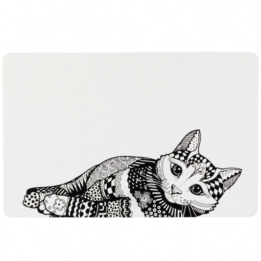 Rutschfeste Trixie Napfunterlage mit grau-weißem Mandala-Motiv und Katzen-Silhouette in den Maßen 44 x 28 cm.