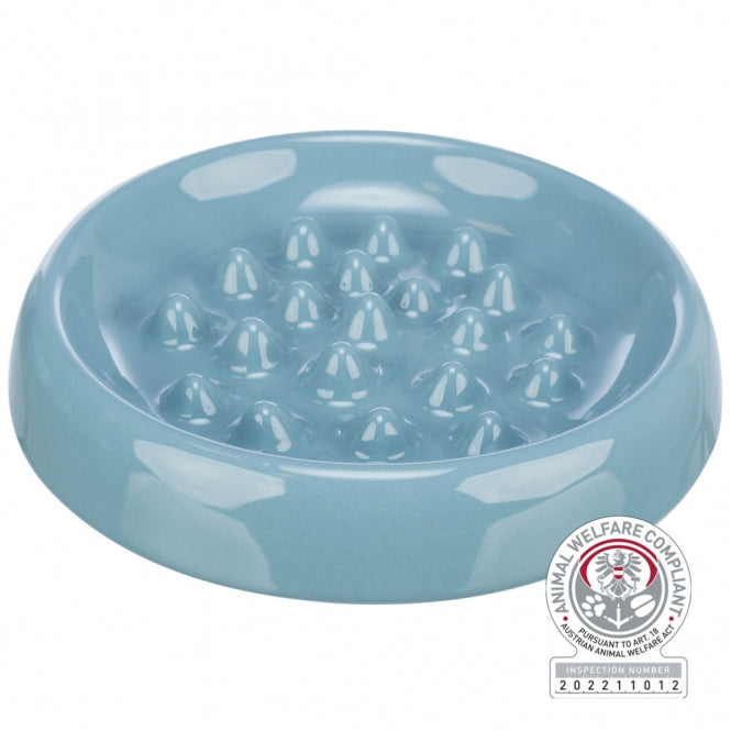Trixie Slow Feeding Keramik-Anti-Schling-Napf mit 18 cm Durchmesser und Futterbarrieren im Inneren.
