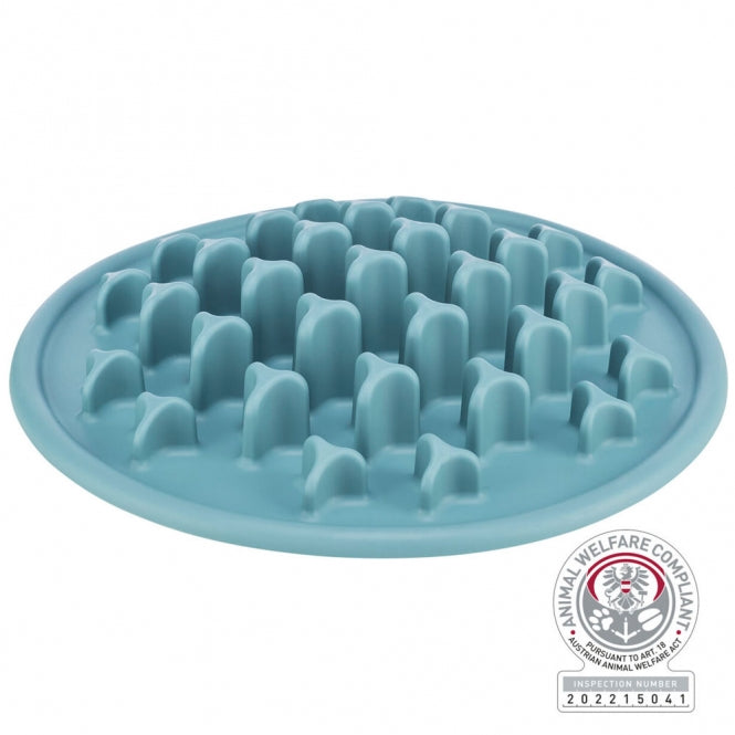 Große blaue Trixie Slow Feeding Futtermatte Pillars mit 35 cm Durchmesser und Säulen-Struktur für Hunde und Katzen.