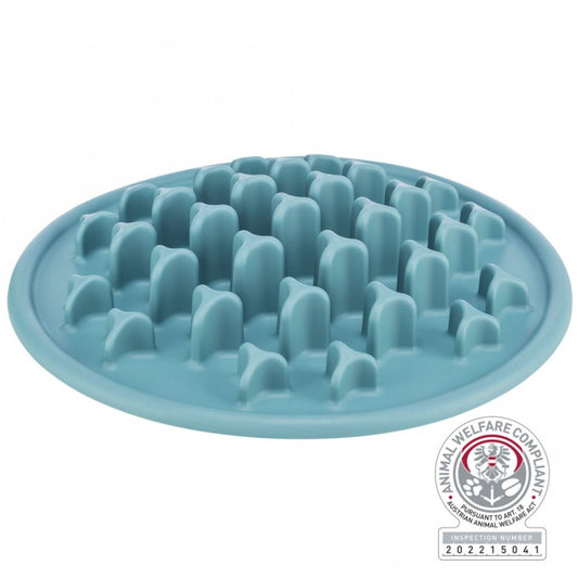 Große blaue Trixie Slow Feeding Futtermatte Pillars mit 35 cm Durchmesser und Säulen-Struktur für Hunde und Katzen.