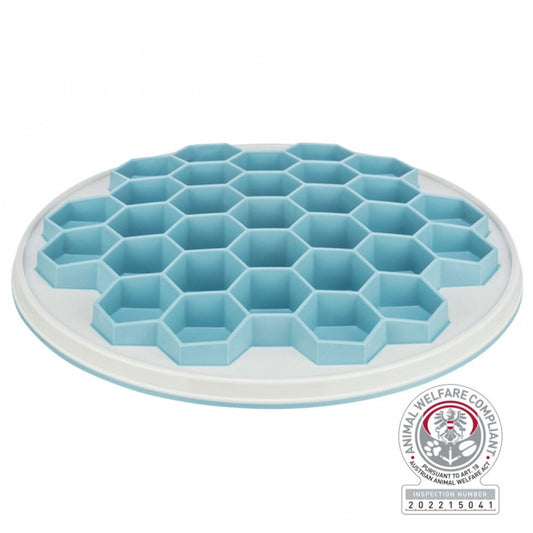 Trixie Slow Feeding Futterplatte Hive mit 30 cm Durchmesser und grau-blauem Waben-Design für Hunde und Katzen.