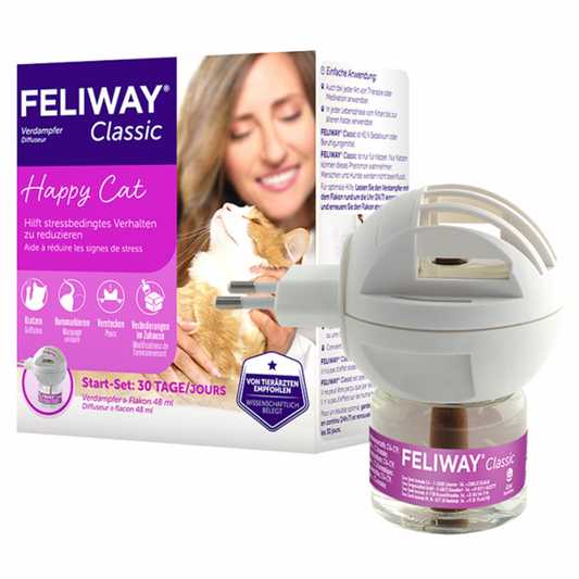 Feliway Classic Happy Home Starter Set Verpackung mit dem weißen elektrischen Steckdosen-Verdampfer und dem 48ml Pheromon-Flakon für Katzen