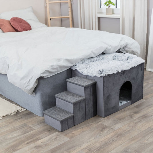 Trixie Höhle Harvey im edlen Langhaar-Plüsch-Design mit integrierter dreistufiger Treppe als Aufstiegshilfe für Haustiere