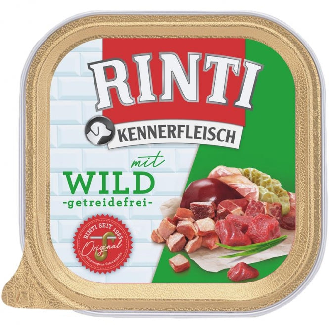 9er-Sparpack Rinti Kennerfleisch Nassfutter mit Wild in praktischen 300g Portionsschalen für Hunde