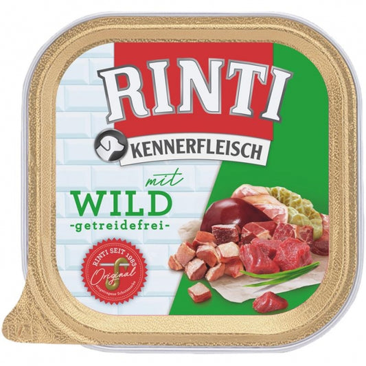 9er-Sparpack Rinti Kennerfleisch Nassfutter mit Wild in praktischen 300g Portionsschalen für Hunde