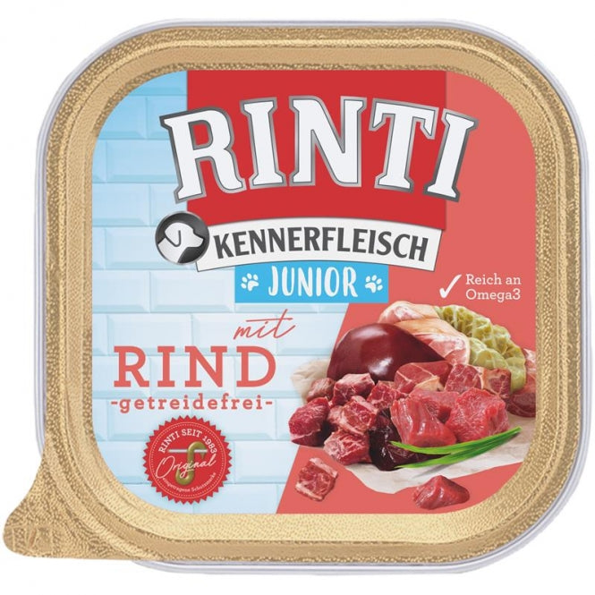9er-Vorratspack Rinti Kennerfleisch Junior Nassfutter mit Rind in praktischen 300g Schalen für Welpen und Junghunde