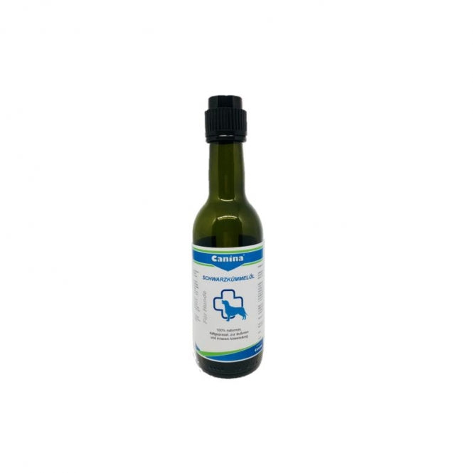 Canina Pharma Schwarzkümmelöl in der lichtgeschützten 250ml Flasche als natürliches Ergänzungsfuttermittel für Hunde.