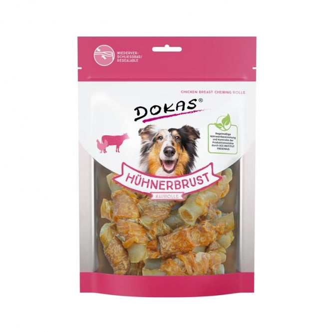 Dokas Dog Snack Hühnerbrust Kaurolle 250g fettarmer Kausnack mit Rinderhaut
