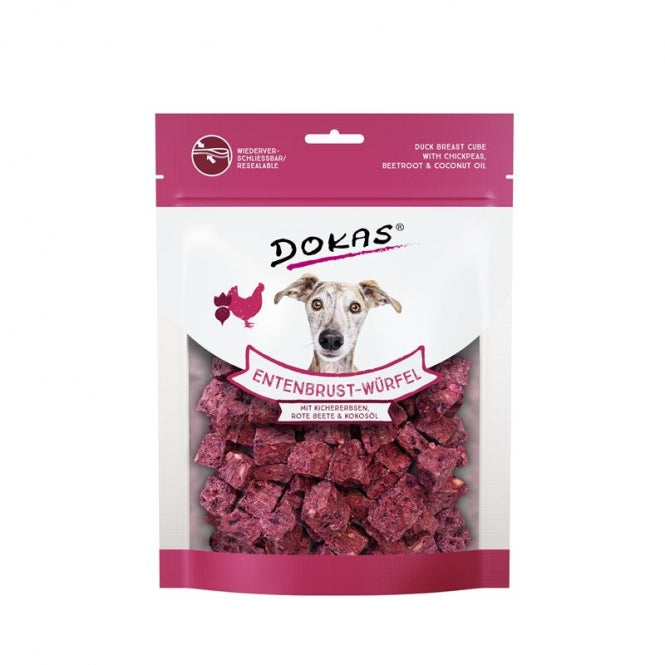 Dokas Dog Snack Entenbrust-Würfel mit Kichererbsen und Roter Beete 150g Beutel