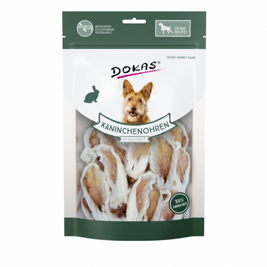 Dokas Kaninchenohren mit Fell getrocknet 100g Beutel Hundesnack