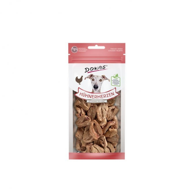 Dokas Dog Snack Hühnerherzen gefriergetrocknet 22g 100 Prozent purer Hundesnack
