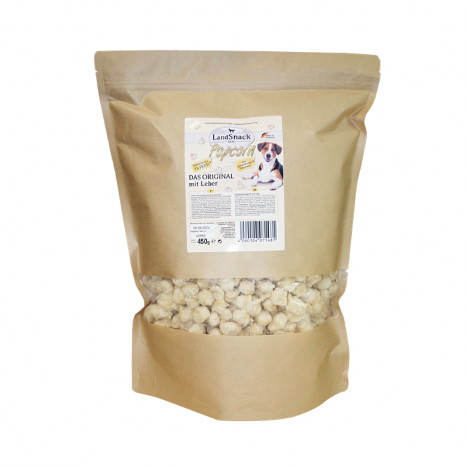 Großer LandSnack Popcorn für Hunde XXL-Vorratsbeutel mit Lebergeschmack (450g Inhalt).