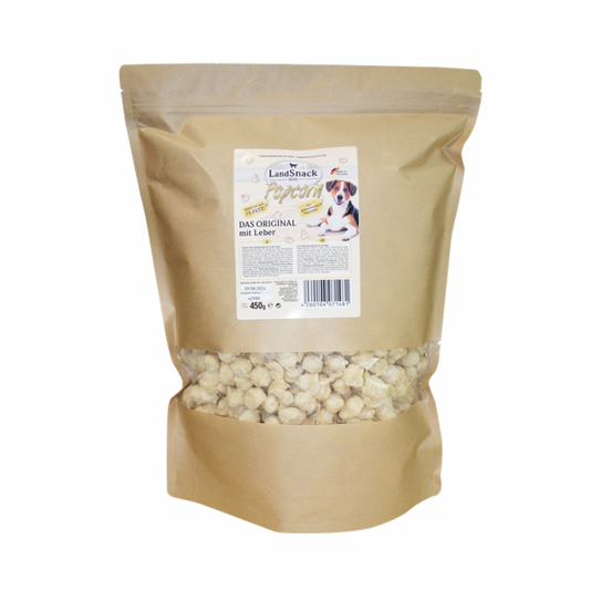 Großer LandSnack Popcorn für Hunde XXL-Vorratsbeutel mit Lebergeschmack (450g Inhalt).