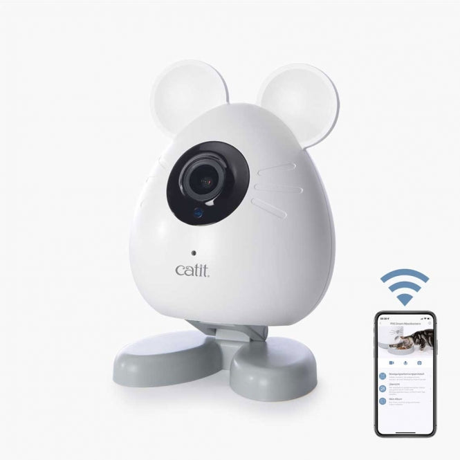Weiße Catit PIXI Smart-Mauskamera in Mäuse-Optik mit beweglichem Schwanz-Standfuß für Katzenbesitzer.