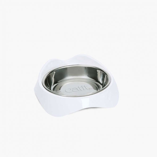 Ergonomischer Catit PIXI Futternapf mit 200 ml Inhalt und flachem Edelstahl-Einsatz für Katzen.