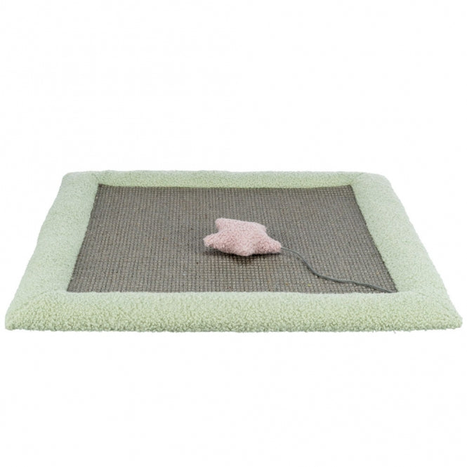Quadratische Trixie Junior Kratzmatte in den Maßen 47 x 47 cm mit Sisalfläche, Plüschrand und integriertem Spielzeug für Kätzchen