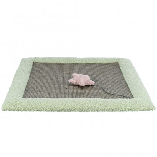 Quadratische Trixie Junior Kratzmatte in den Maßen 47 x 47 cm mit Sisalfläche, Plüschrand und integriertem Spielzeug für Kätzchen