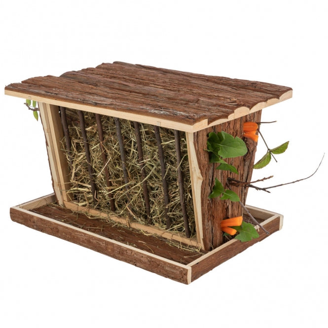 Große, freistehende Trixie Heuraufe aus Holz mit den Maßen 40 x 22 x 30 cm für Kaninchen und Meerschweinchen.