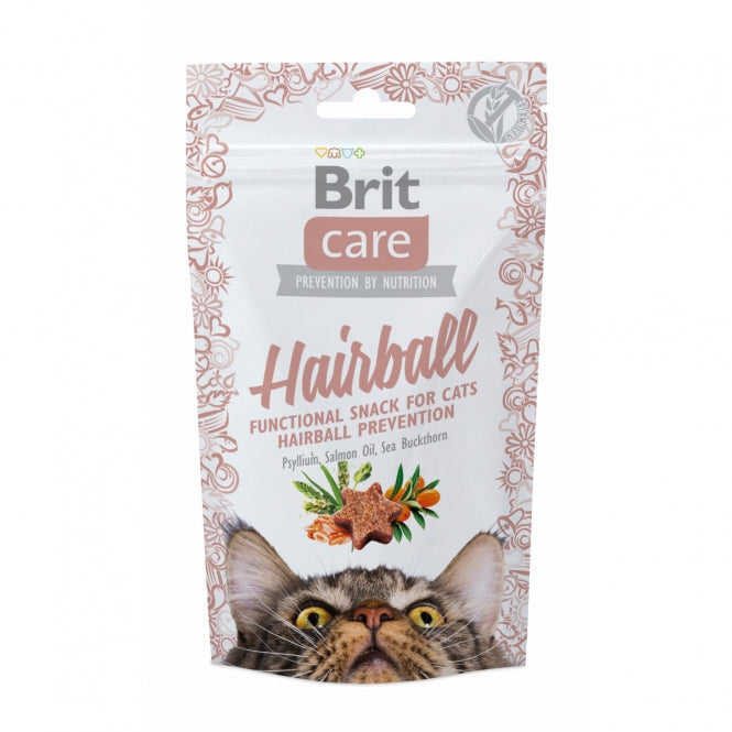 Brit Care Cat Functional Snack Hairball 50g Beutel, weicher und getreidefreier Katzensnack mit Flohsamen zur natürlichen Vorbeugung von Haarballen