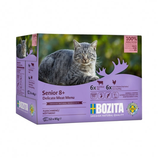 Bozita Cat Senior 8+ Multibox mit 12 Frischebeuteln à 85 g Nassfutter für ältere Katzen ab 8 Jahren.