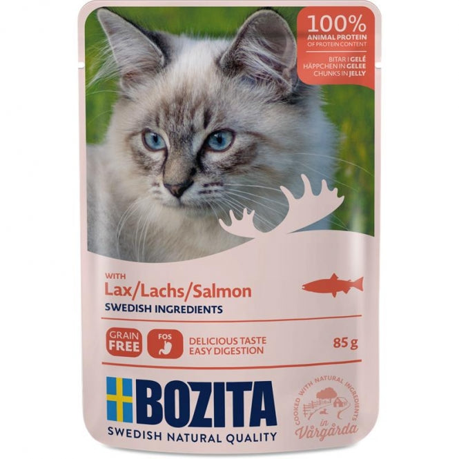 12x Bozita Pouch Häppchen in Gelee mit Lachs 85 g – Getreidefreies Katzennassfutter im Vorteils-Pack