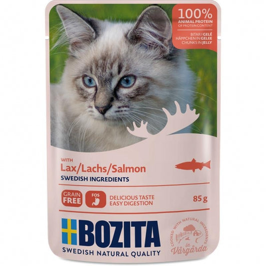 12x Bozita Pouch Häppchen in Gelee mit Lachs 85 g – Getreidefreies Katzennassfutter im Vorteils-Pack