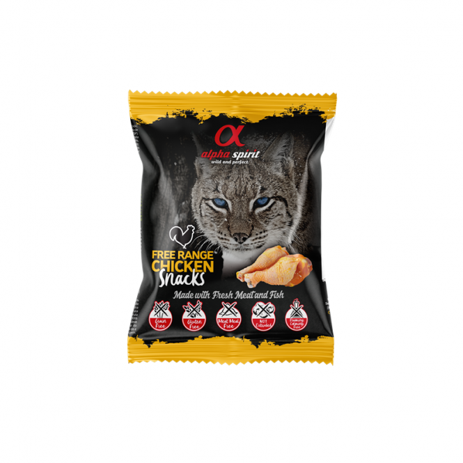 Wiederverschließbarer Beutel alpha spirit Cat Snacks Freiland-Huhn 50g mit weichen, getreidefreien Geflügel-Leckerlis für Katzen